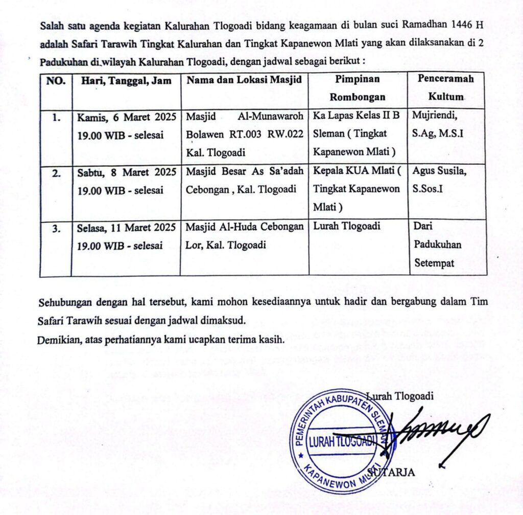 Jadwal Safari Tarling Kalurahan Tlogoadi Kapanewon Mlati Tahun 2025